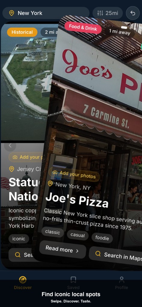 Landmark Discover screen — swipe deck with Joe's Pizza and nearby attractions in New York