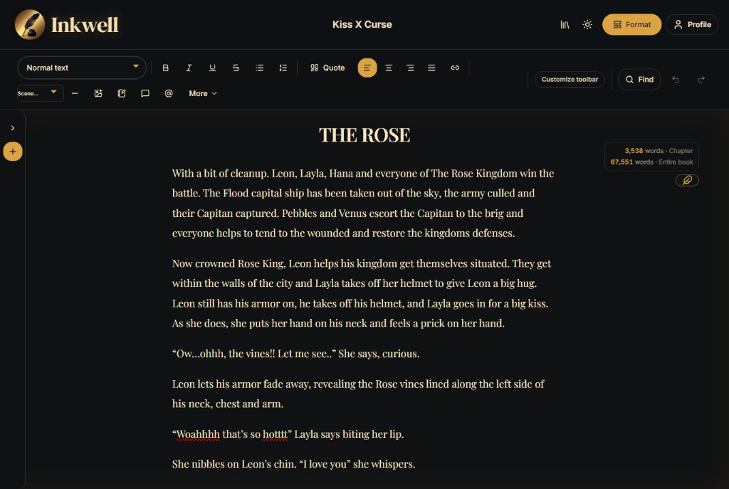 Inkwell writing workspace — chapter list, manuscript canvas, and editorial toolbars